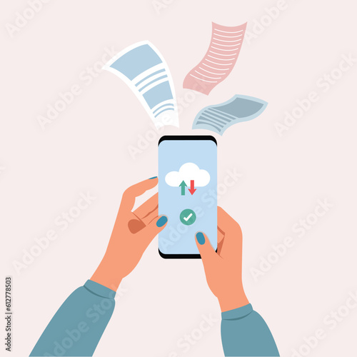 Hand holding mobile and sending data, Online communication,  technology cloud, upload and download.