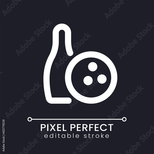 Bowling equipment pixel perfect white linear ui icon for dark theme. Professional tournament. Vector line pictogram. Isolated user interface symbol for night mode. Editable stroke. Poppins font used