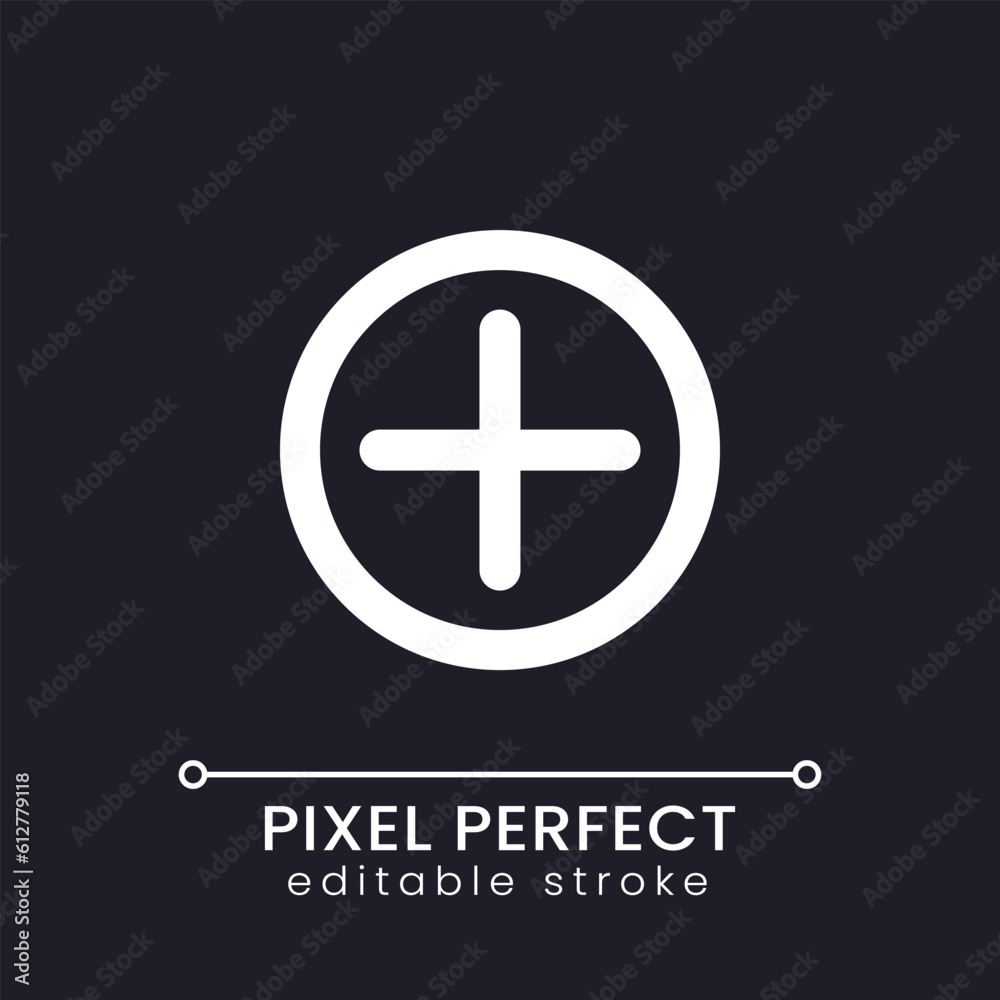 Add button pixel perfect white linear ui icon for dark theme. Website interactive element. Vector line pictogram. Isolated user interface symbol for night mode. Editable stroke. Poppins font used Add button pixel perfect white linear ui icon for dark theme. Website interactive element. Vector line pictogram. Isolated user interface symbol for night mode. Editable stroke. Poppins font used