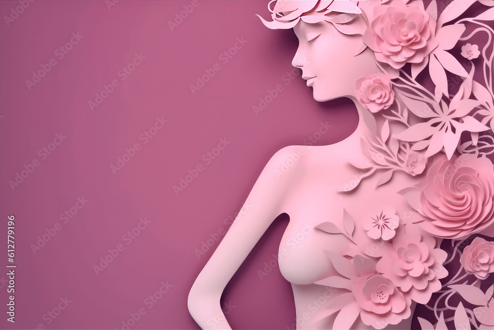 Paper cut , Breast cancer awareness day, Body Woman with flowers on pink background , Created with generative AI