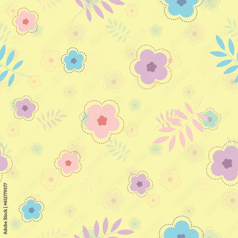 Yellow pattern with pink, blue and lilac flowers. Yellow pattern with pink, blue and lilac flowers.