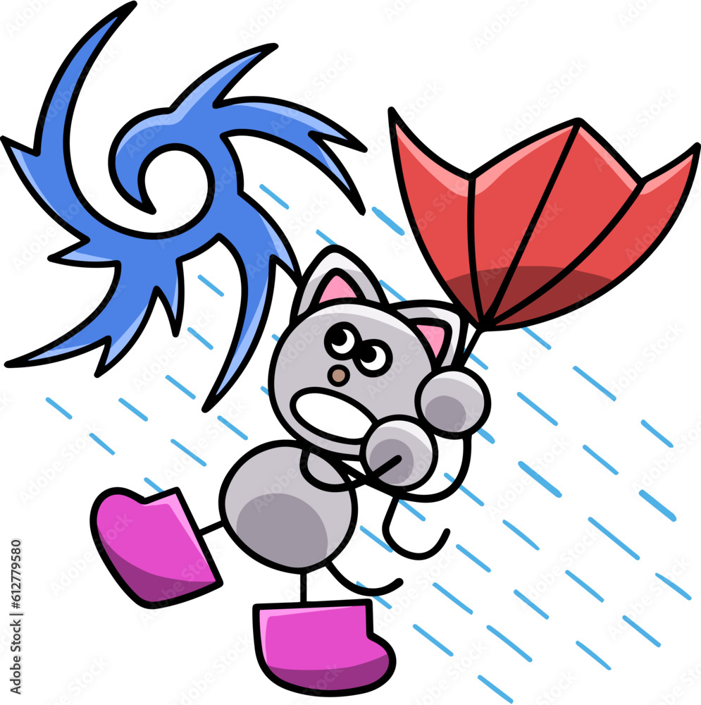 台風の中を歩くにゃんまるのイラスト　猫