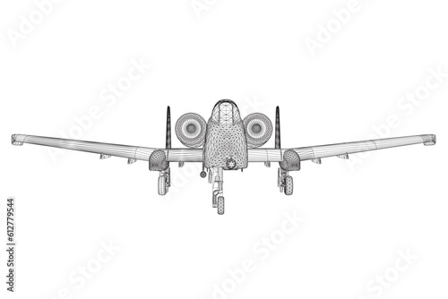 Wireframe Combat aircraft in isolate on a white background. Modern combat aircraft. Stylized image of a fighter jet on a white background. Vector image for prints, poster and illustrations. 3D..