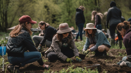 Volunteers and farmers planting for gardening in a park with trees, in a natural environment, with the concept of a happy team helping and planting for growth, ecology, Earth Day. Generative Ai
