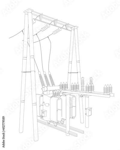 Outline Electric transformer substation. Power grid substation - vector illustration. Electrical substation. The high-voltage transformer and switch. Risk of electric shock. electricity supply..