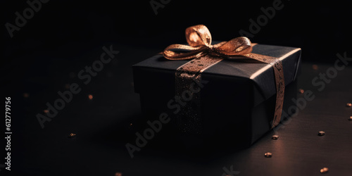 Black Gift Box with Golden ribbon bow on a Black Background. Elegant Background for greeting card for Birthday, Christmas, Father's Day, Anniversary. Generative ai illustration