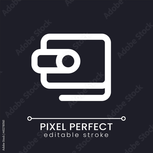 Wallet pixel perfect white linear ui icon for dark theme. Online payment service. Vector line pictogram. Isolated user interface symbol for night mode. Editable stroke. Poppins font used