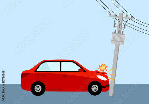 Car crash with electric pole in flat design. Car accident.