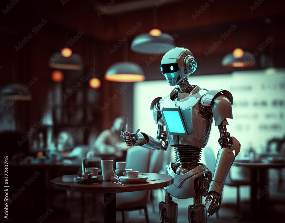 robot technology serve as waiter in modern restaurant,Ai Generative robot technology serve as waiter in modern restaurant,Ai Generative