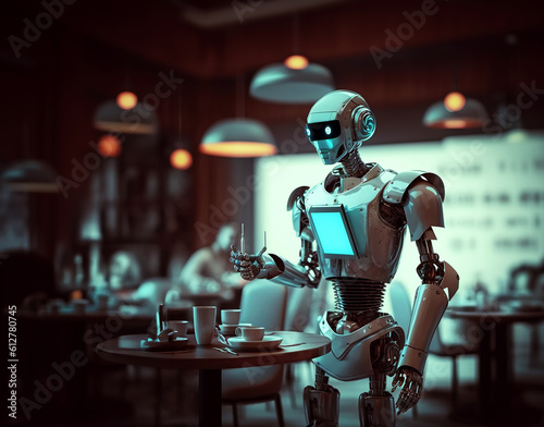 robot technology serve as waiter in modern restaurant,Ai Generative