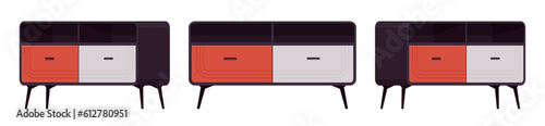 Sideboard buffet credenza, low storage accent cabinet set. Solid wood dining, living room, condo, kitchen functional furniture. Vector flat style cartoon home, office piece isolated, white background