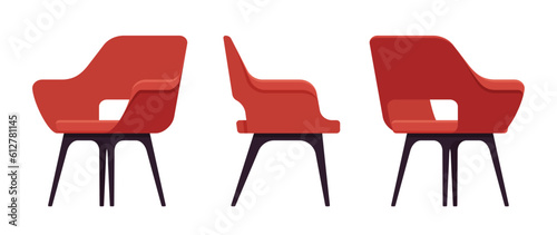 Side furniture reception chair, red dining lounge seat set. Cafe indoor or outdoor use, kitchen, guest room modern decor. Vector flat style cartoon home, office piece isolated on white background
