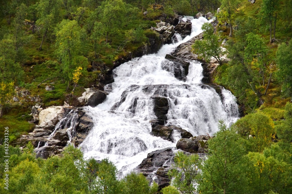 Naklejka premium Rocky Waterfall on Aurlandsfjellet (The Snow Road) Norway.