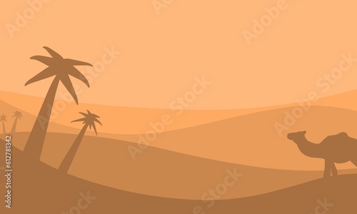 desert background illustration with silhouette date palm and camel