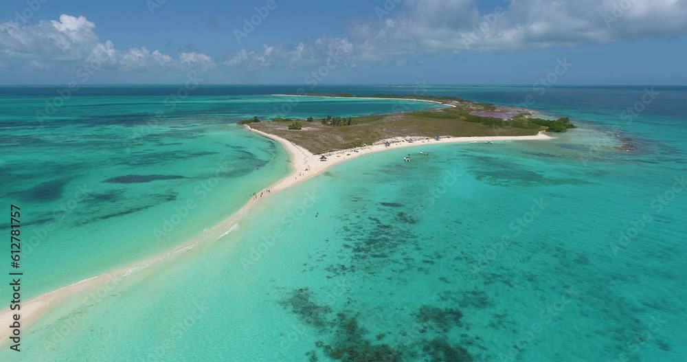 sahdes of blue surrounding tropical island, drone shot dolly out over cayo de agua, Los Roques sahdes of blue surrounding tropical island, drone shot dolly out over cayo de agua, Los Roques
