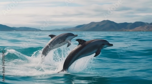 Two dolphins jumping over the water. Generative AI. © Hanna