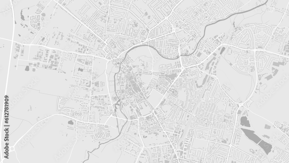 Cambridge map, the UK. Background grey and white map with roads and railways, parks and rivers.