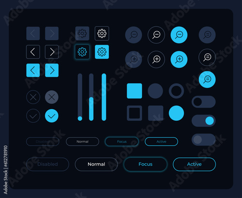 Multiple buttons UI elements kit. Editable isolated vector components. Navigation panel. Web design pack for mobile application, software with dark theme. Montserrat Light, Medium, Bold fonts used