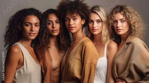 Multiethnic group of beautiful women posing in studio. Beauty, fashion. Generative AI.