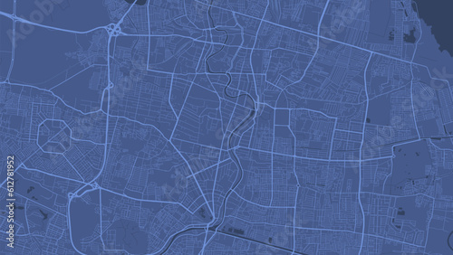 Background Surabaya map, Indonesia, blue city poster. Vector map with roads and water. Widescreen proportion, flat design roadmap.
