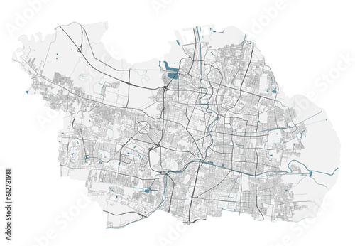Surabaya map. Detailed map of Surabaya city administrative area. Cityscape panorama illustration. Road map with highways, streets, rivers.