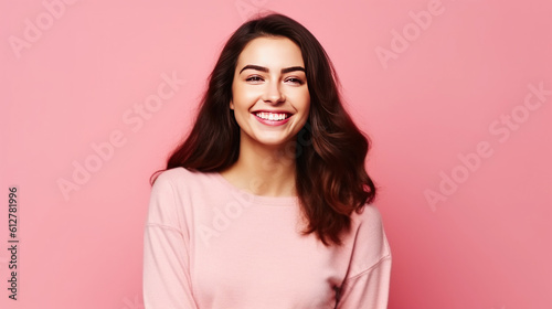 Portrait of a beautiful young woman smiling on a pink background. Generative AI.
