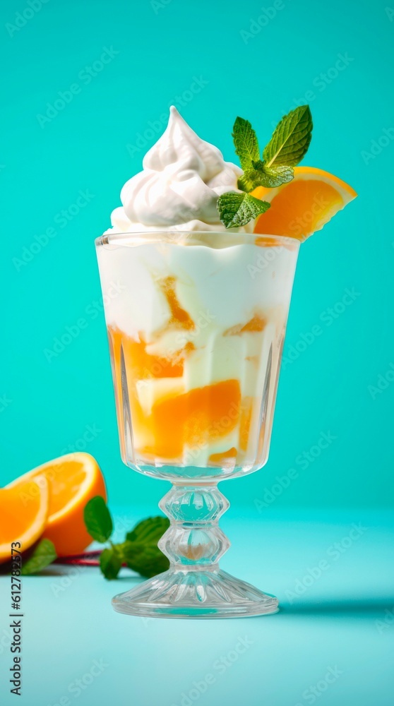 Glass of orange milk cocktail with whipped cream on pastel blue background. Generative AI. Glass of orange milk cocktail with whipped cream on pastel blue background. Generative AI.