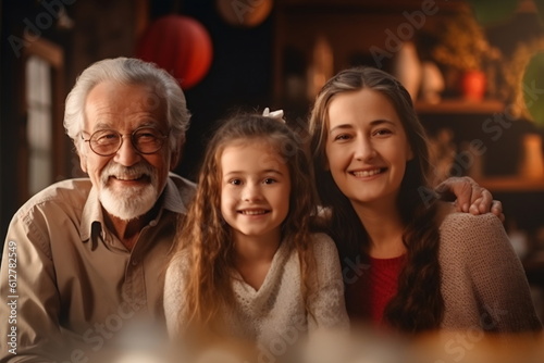 Three generation caucasian family gathering at home