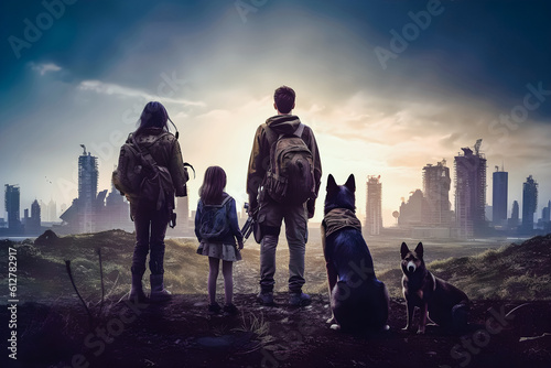 the family from behind looks at the dystopian post-apocalyptic panorama of the city