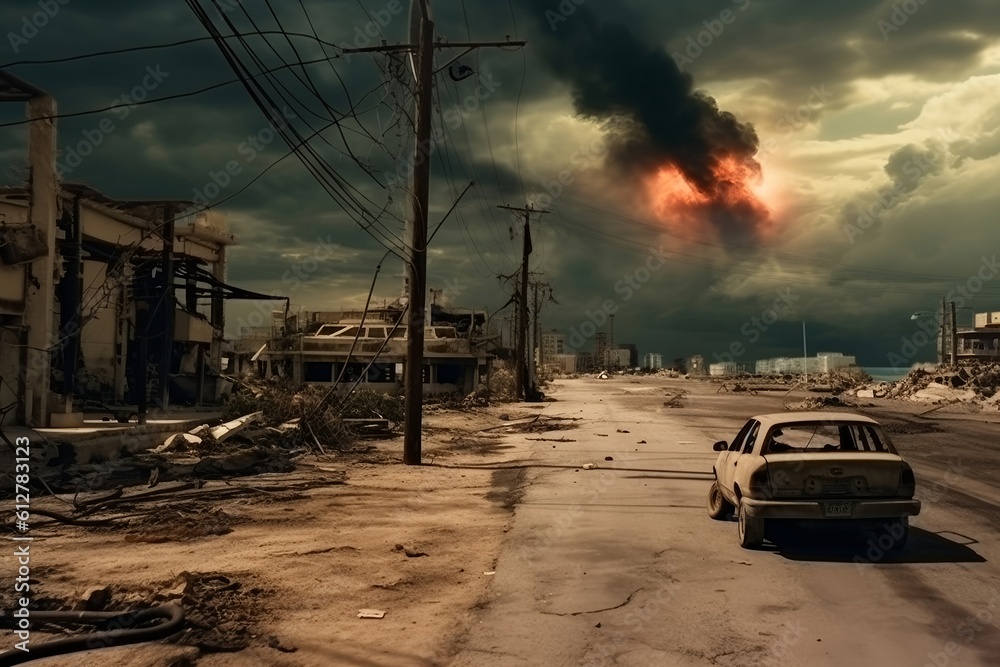 an abandoned car in the middle of the street of a post-apocalyptic city