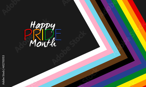 Inclusive Pride Background with Progression Pride Flag Colours. Rainbow Stripes Wallpaper with signs