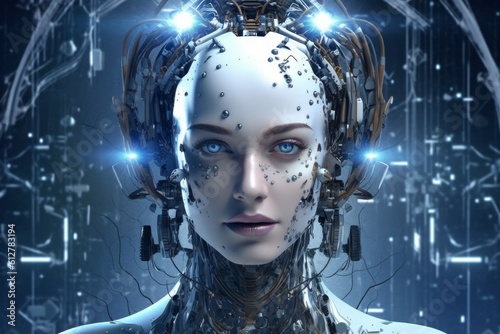 cyborg woman, representing progression and evolution of technology and artificial intelligence. captures the integration of human and machine, as well as the limitless potential of AI. Generative AI.