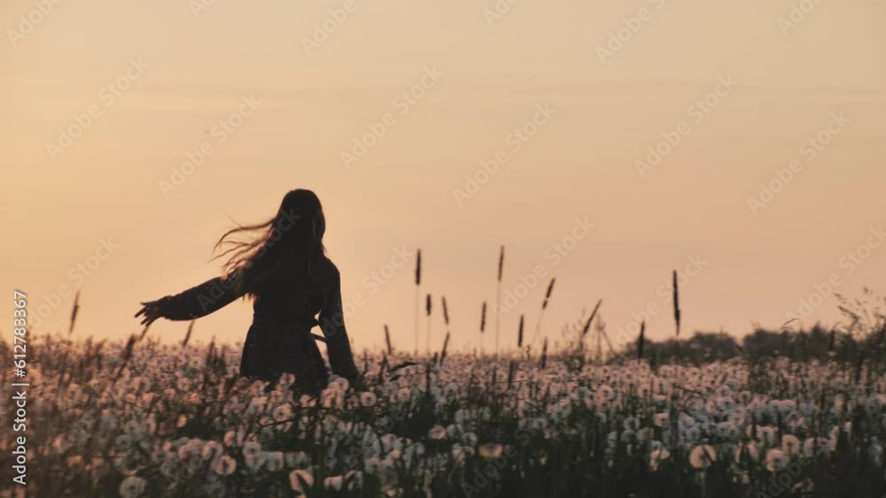 Side view of a happy boho girl running across a field with dry dandelion flowers against the background of a sunset sun. Leisure rest in the evening in the spring. Concept of Peace and Youth