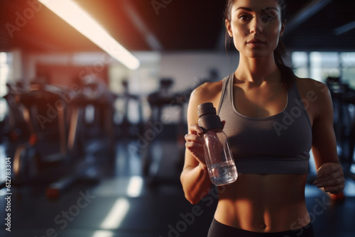 woman running on a treadmill in the gym with a water bottle in hand. importance of staying hydrated during exercise and promotes a healthy, active lifestyle. Generative AI.