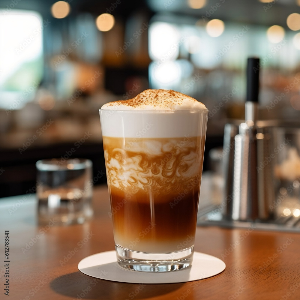 A cup of latte on a bar counter close-up with a blurred background. A cup of latte on a bar counter close-up with a blurred background.