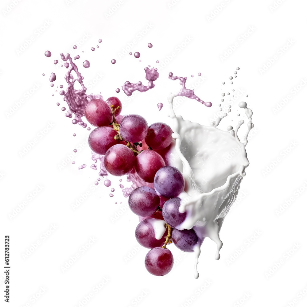 Fresh grapes with vivid juice and water splashes isolated on white background, generative AI