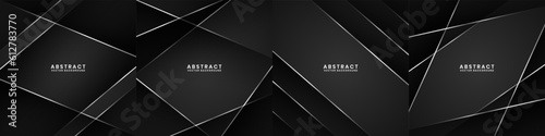 3D black techno abstract background set. Overlap layer on dark space with silver lines effect decoration. Modern graphic design element cutout style concept for banner, flyer, card, or brochure cover photo