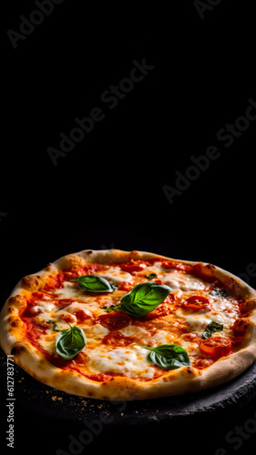 Minimalistic pizza margarita mockup and copy space with a black background, generative AI