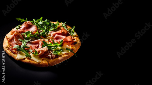 Minimalistic pizza with prosciutto and arugula mockup and copy space with a black background, generative AI

