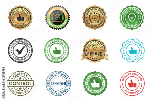 Set Quality Control Approved Stamp, Badge, Icon, Seal, Emblem, Quality Assurance Label, Quality Concept, Service, Controller, Patch, Rubber, Product, Sticker, Vector Illustration