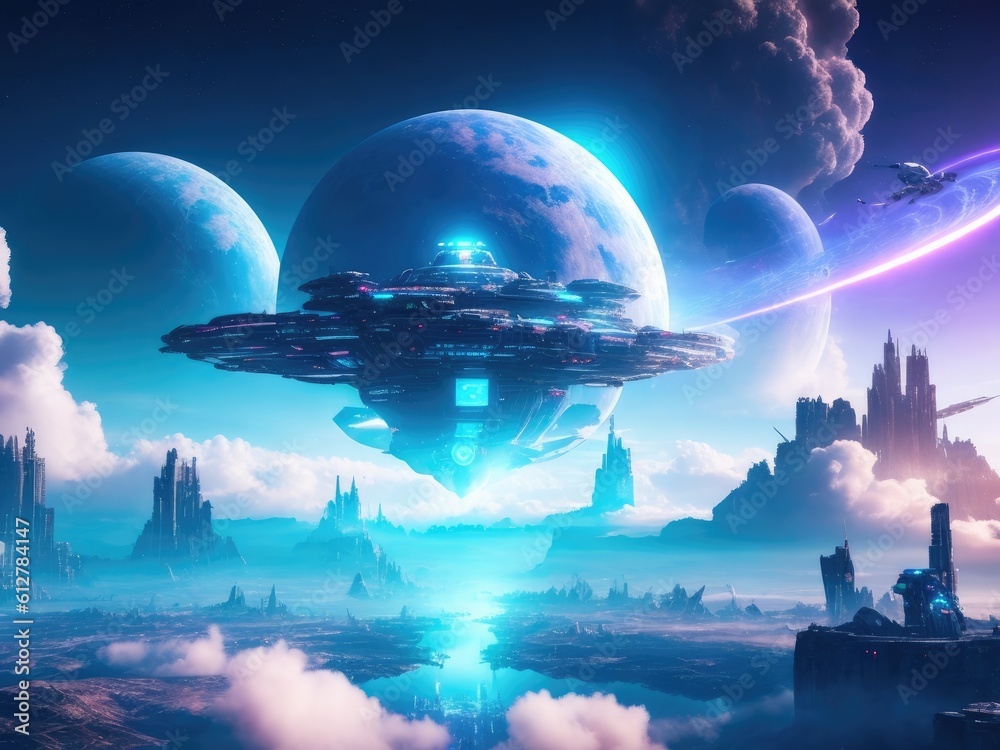 Alien spaceship landscape fantasy universe and space cloud background ai generated