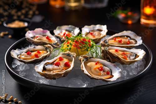 Big fresh oysters on a plate with ice
