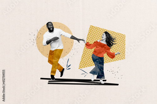 Banner party placard collage of two youth people dancing chilling weekend catch rhythm black white style isolated on drawn background photo