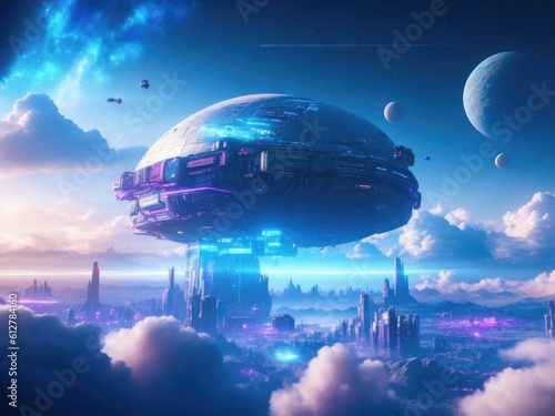 Alien spaceship landscape fantasy universe and space cloud background ai generated