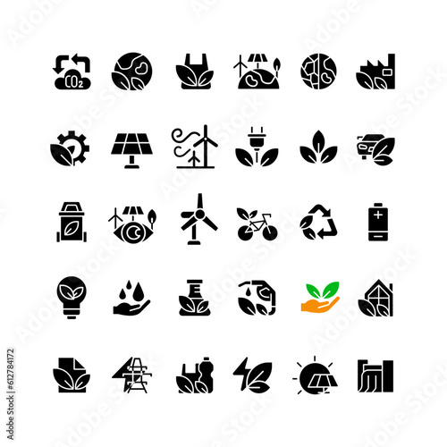 Ecology black glyph icons set on white space. Nature protection reasons. Sustainable energy sources. Eco friendly industry. Silhouette symbols. Solid pictogram pack. Vector isolated illustration