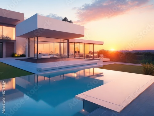 Modern house surrounded with an outdoor pool with sunset 3d rendered ai generated © Shyamol