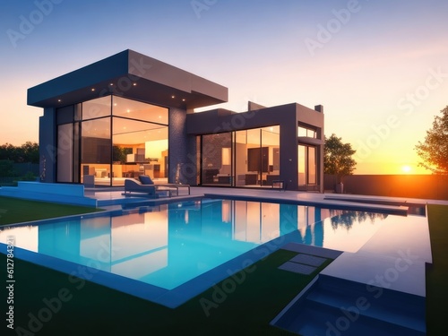 Modern house surrounded with an outdoor pool with sunset 3d rendered ai generated © Shyamol