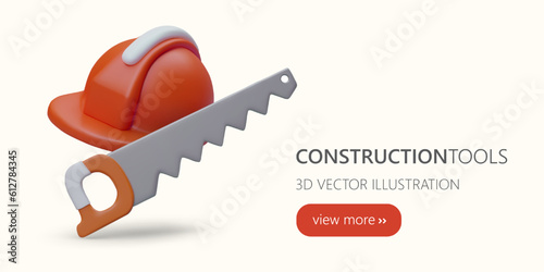 3D protective helmet and hand saw. Various types of repair work. Professional tree trimming. Advertising banner for web design with illustration, text, link button