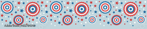 Seamless border garland with paper fans and stars in American colors. Decorations for USA independence day. Isolated vector illustration.
