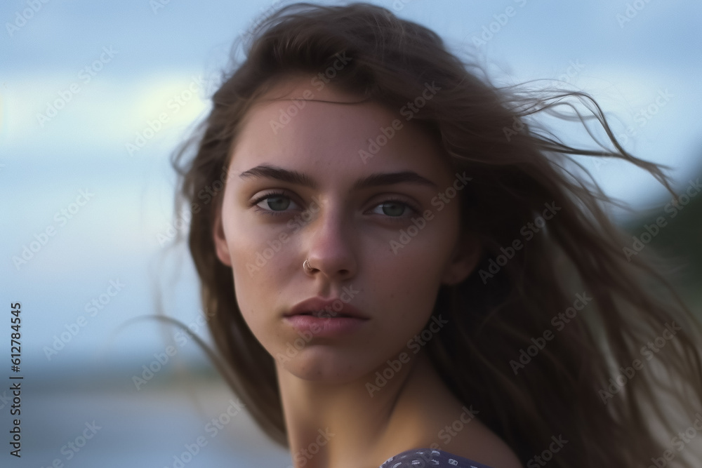 Portrait Young girl on the beach at dusk looks seriously into the camera - theme beauty or fashion - Generative AI Portrait Young girl on the beach at dusk looks seriously into the camera - theme beauty or fashion - Generative AI